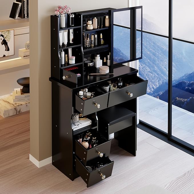 KEIKI Vanity Desk with Mirror & Cushioned Stool, 29.2'' Makeup Dressing Table Set with 5 Drawers for Tiny Bedrooms, Dorms, Apartments,Balck