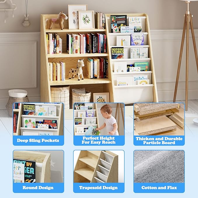 4 Tier Kids Wooden Bookshelf,Five Layer Sling Children Bookcase,Baby Storage Book Rack,Book and Toy Organizer Cabinet Chest,Book Display Shelf,Playroom Nursery Classroom Library