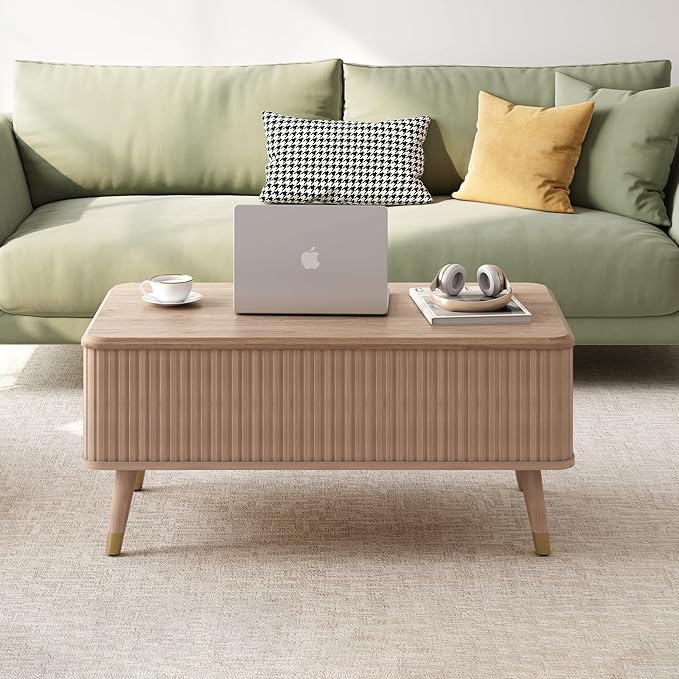 Lift Top Coffee Table with Storage,Mid Century Modern Coffee Table,Fluted Wood Rectangle Center Table for Living Room,Home Office,Natural Oak