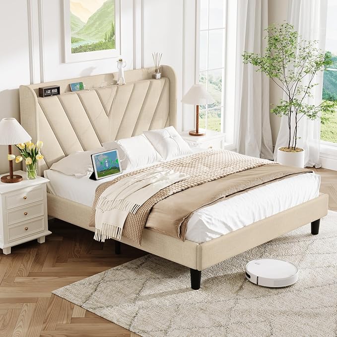 koorlian Queen Bed Frame with Headboard, Adjustable Upholstered Platform Bed Frame with Type-C&USB Ports, Wingback Storage Headboard, Solid Wood Slats Support, No Box Spring Needed, Beige