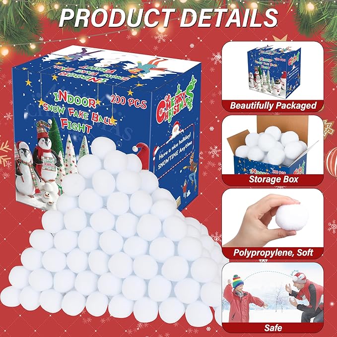 200 PCS Indoor Snow Balls, Soft Fake Snow Balls, Artificial Toss Ball fot Parent Child Interactive Props, Christmas Decorations Party Supplies Winter DIY Home Indoor Outdoor