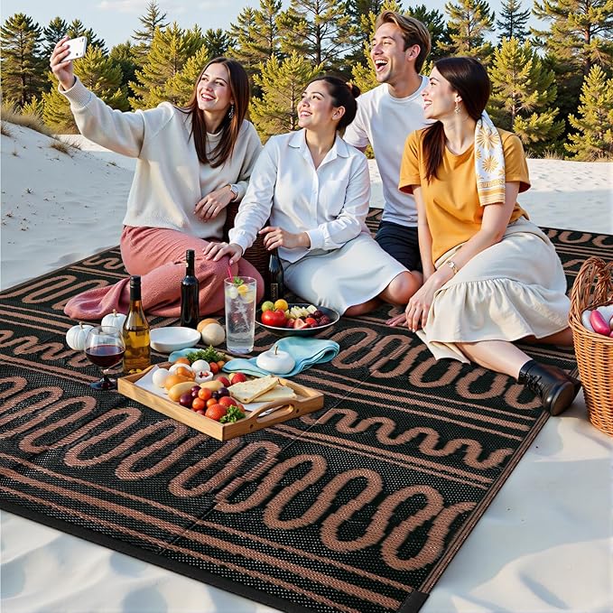 Beeiva Outdoor Rug 8x10 Patio Waterproof, Reversible 8x10 Outdoor Rug for Patio, Washable Outdoor Plastic Straw Rug for Deck, Balcony, Backyard, Porch, Camping, Picnic - Black/Brown
