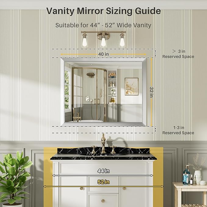 40x32 Inch Silver Bathroom Mirror for Wall, Thick Metal Framed Rectangle Mirrors for Over Sink, Bedroom, Living Room, Entryway, Anti-Rust, HD Tempered Glass