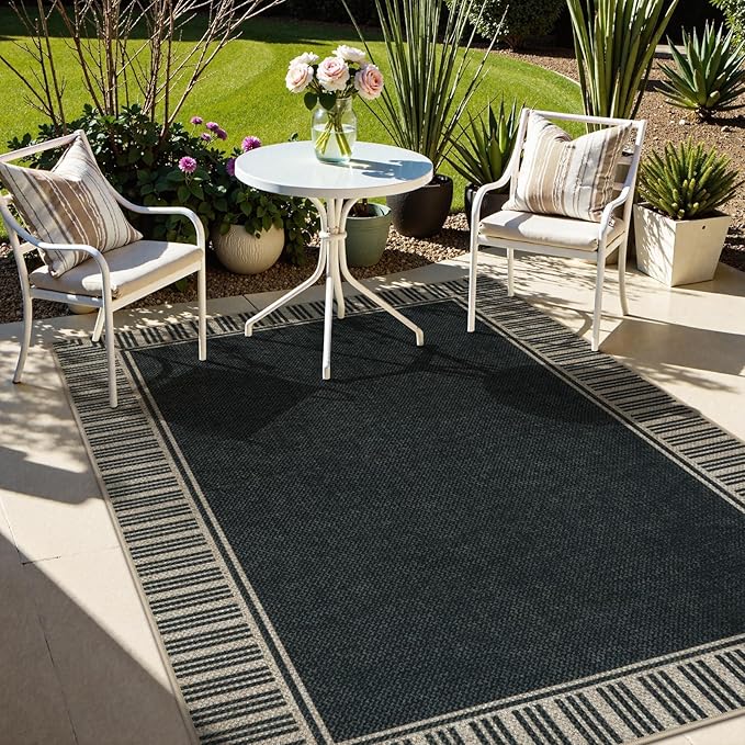 OJIA Easy Jute 5x7 Outdoor Rug, Washable Patio Rugs for Living Room Striped Border Indoor Outdoor Carpet Farmhouse Non-Slip Black Rug Geometric Area Rug for Porch Backyard Dining Room