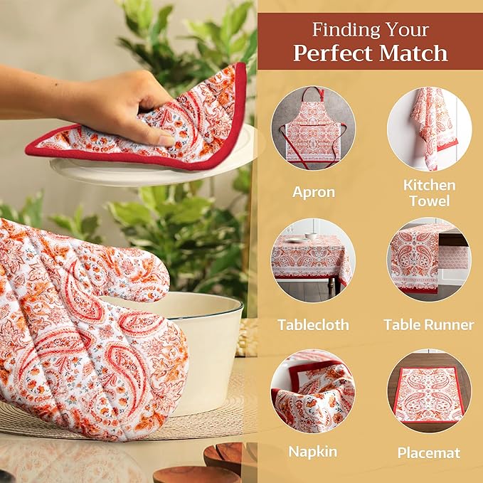 Maison d' Hermine 100% Cotton Oven Mitt & Pot Holder Set (7.5"x13" & 8"x8") Heat Resistant BBQ Cooking Gloves with Loop for Thanksgiving Christmas Decorations Handling Hot Pans (Orient)