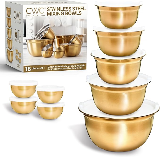 COOK WITH COLOR 18 Piece Mixing Bowls Set with Airtight Lids, Stainless Steel Bowl Organizers, Food Storage Containers, Meal Prep, Nesting Salad Bowls For Cooking, Baking, Kitchen Use, Gold