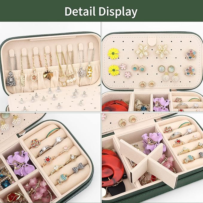 DesignSter Travel Jewelry Box, PU Leather Portable Jewelry Case, Small Jewelry Boxes for Gifts, Travel Jewelry Organizer for Women Rings Earrings Necklaces Bracelets (Dark Green)