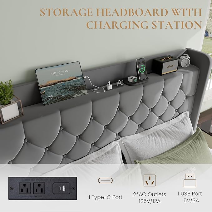 SHA CERLIN Queen Size Platform Bed Frame with Charging Station, Velvet Wingback Headboard with Storage Shelf, Wooden Slats Support, Ample Under-Bed Space, No Box Spring Needed, Easy Assembly, Grey