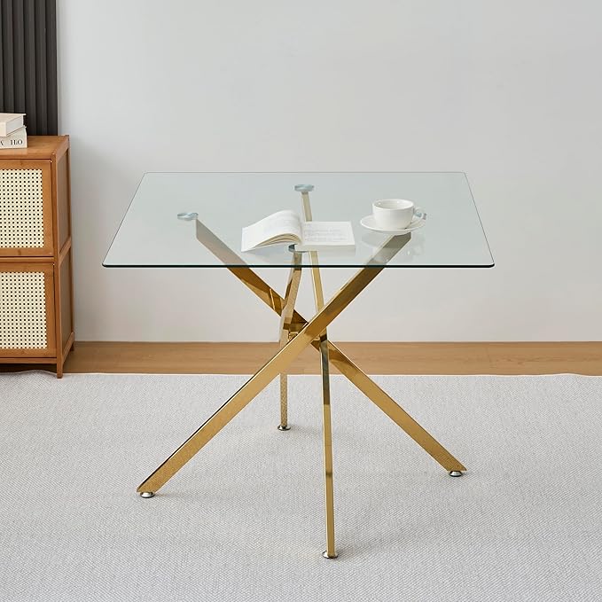 Henf 36'' Tempered Glass Dining Table for 2-4 People, Square Kitchen Table with Gold X-Base Metal Legs, Adjustable Feet, Glass Desk for Small Space, Gold Square Dining Room Table for 4