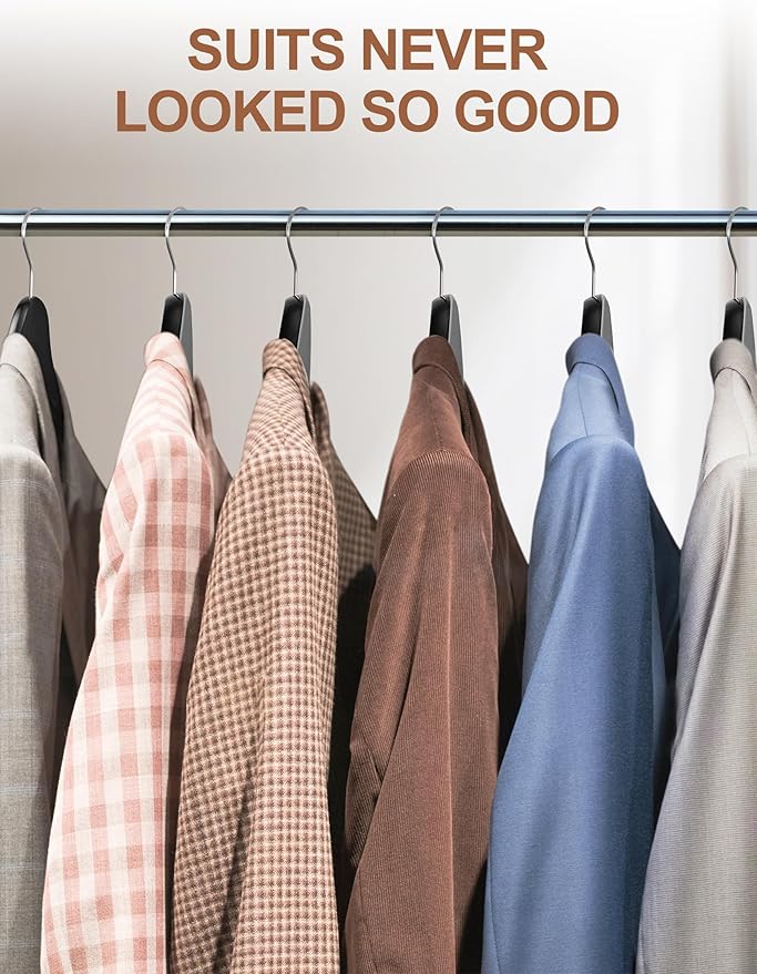 HOUSE DAY Wide Shoulder Wooden Hangers 12 Pack, Wood Suit Hangers for Men with Non Slip Pants Bar, Smooth Finish Solid Wood Coat Hangers for Jacket, Pants, Dress, Heavy Clothes Hangers (Black)