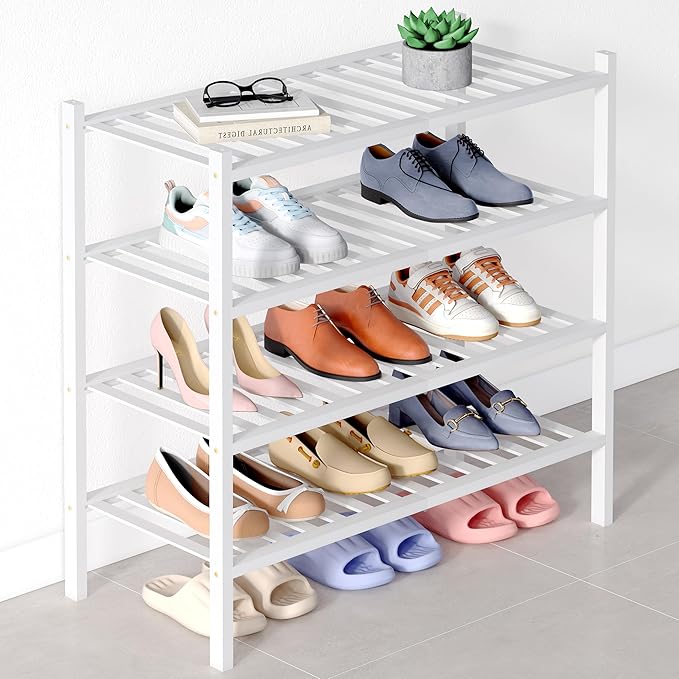 Smiry Bamboo Shoe Rack for Closet, 4 Tier Wooden Stackable Shoe Organizer, Free Standing Shoes Storage Shelf for Entryway, Front Door Entrance, White