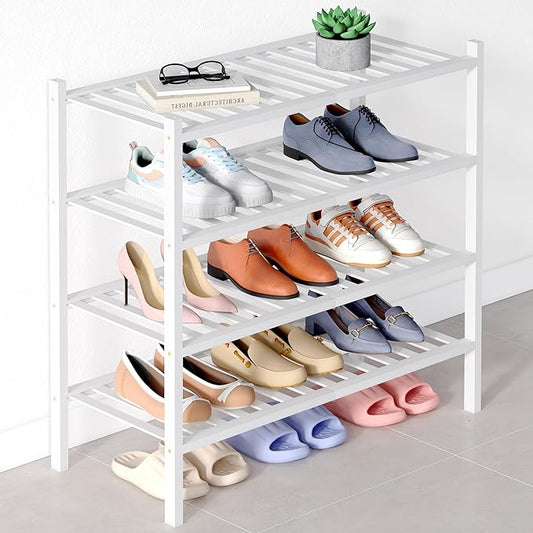 Smiry Bamboo Shoe Rack for Closet, 4 Tier Wooden Stackable Shoe Organizer, Free Standing Shoes Storage Shelf for Entryway, Front Door Entrance, White