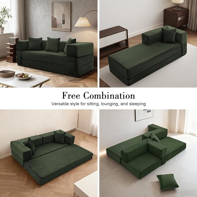 Sectional Boneless Couch Convertible Sofa Bed,78'' Modular Sectional Sleeper Sofa with Removable Armrests & 3 Pillows,Small Floor Couch No Assembly Needed for Living Room, Office, Bedroom,Light Green
