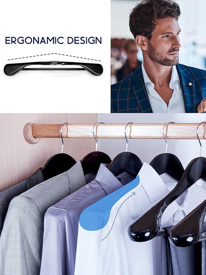 HOUSE DAY Wide Shoulder Wooden Hangers 12 Pack, Wood Suit Hangers for Men with Non Slip Pants Bar, Smooth Finish Solid Wood Coat Hangers for Jacket, Pants, Dress, Heavy Clothes Hangers (Black)