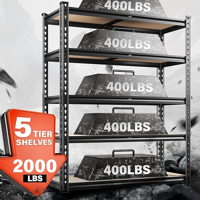 REIBII 72" Garage Shelving, Heavy Duty Storage Shelves 2000LBS, 5 Tier Metal Shelving Unit, Adjustable Garage Storage Shelves for Craft Warehouse Pantry Basement, 72'' * 35.5'' * 11.8''