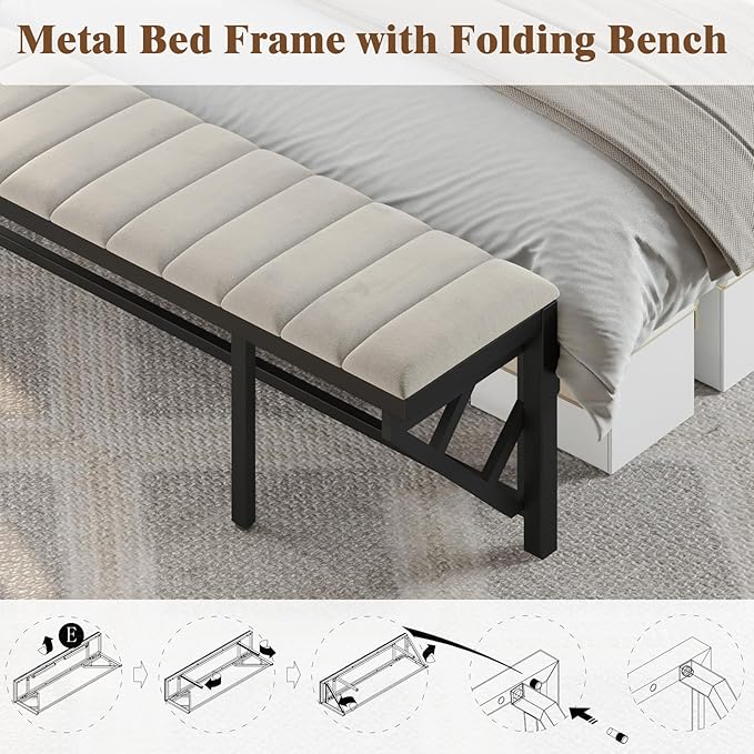 King Bed Frame with LED Light and Charging Station, Velvet Upholstered Headboard with Storage Shelf, Heavy Duty Metal Slats/No Box Spring Needed/Easy Assembly, Beige