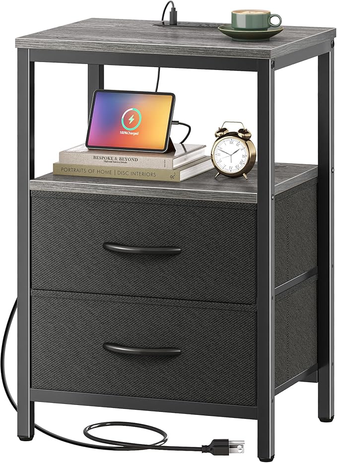 Huuger Nightstand with Charging Station, Side Table with Fabric Drawers, End Table with Open Shelf, Bedside Table with USB Ports and Outlets, Night Stand for Bedroom, Charcoal Gray