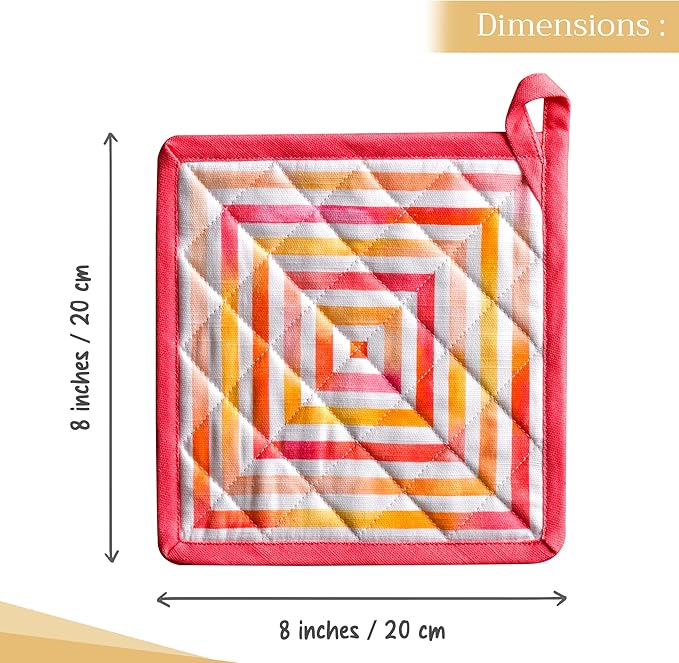 Maison d' Hermine Pot Holders Set 100% Cotton Heat Resistant Potholders 8" x 8" Hot Pads with Loop BBQ, Cooking, Baking, Grilling, Kitchen, Handling Hot Pans Spring/Summer (Pack of 2, Summer Maze)