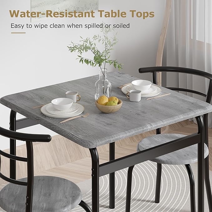 VECELO 3 Piece Dining Table & Chairs Set for 2, Metal and Wooden Square Kitchen Dinette Set for Small Space, Breakfast Nook, Saving Space, Grey