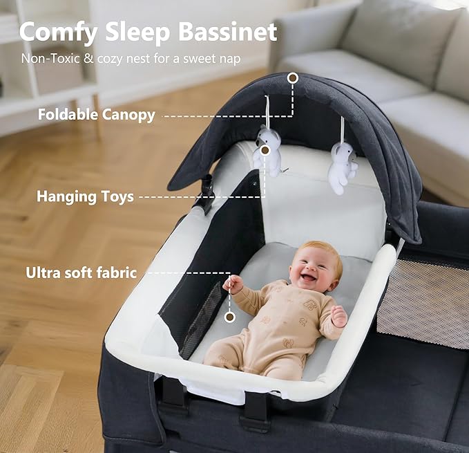 Kinder King 4 in 1 Foldable Pack n Play with Bassinet & Changing Table, Portable Nursery Center for Babies and Toddlers, Convertible Newborn Crib Baby Bed with Toys & Canopy, Storage Bag, Dark Gray