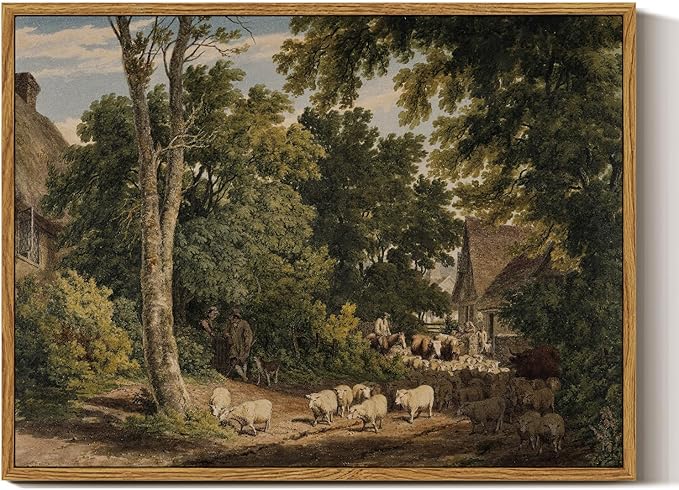 InSimSea Framed Canvas Wall Art Vintage Decor, Room Decor Classical Countryside Landscape Watercolor Painting Canvas Prints Wall Art for Living Room Badroom Farmhouse Bathroom, 12"x16"