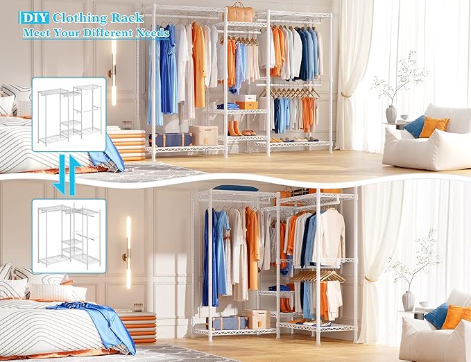 Raybee Clothes Rack Heavy Duty Clothing Racks for Hanging Clothes Adjustable Hanging Clothes Rack Garment Rack, White, 13.9" D x 70.6" W x 77" H