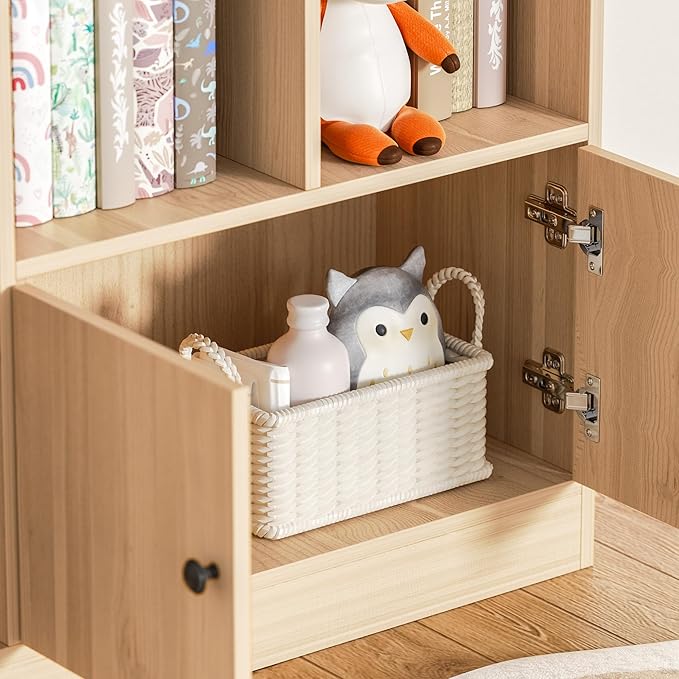 Oak Kids Bookshelf, Kids Bookcase with 7 Cubbies and 2 Cabinets, Freestanding Book Storage Shelves for Bedroom, Playroom, Hallway