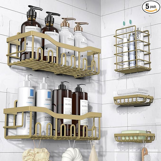5-Pack Rustproof Stainless Steel Shower Caddy – No Drill Adhesive Bathroom Organizer with Large Capacity, Spacious Shower Shelves for Inside Shower, Kitchen & Home Decor Storage-XL Size