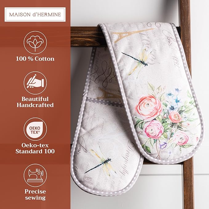 Maison d' Hermine Double Oven Mitts 100% Cotton 7"x35" Double Oven Mitt Heat Resistant BBQ Cooking Gloves with Loop, Baking, Grilling, Home, Kitchen, Handling Hot Pans Spring Summer (Champ De Mars)