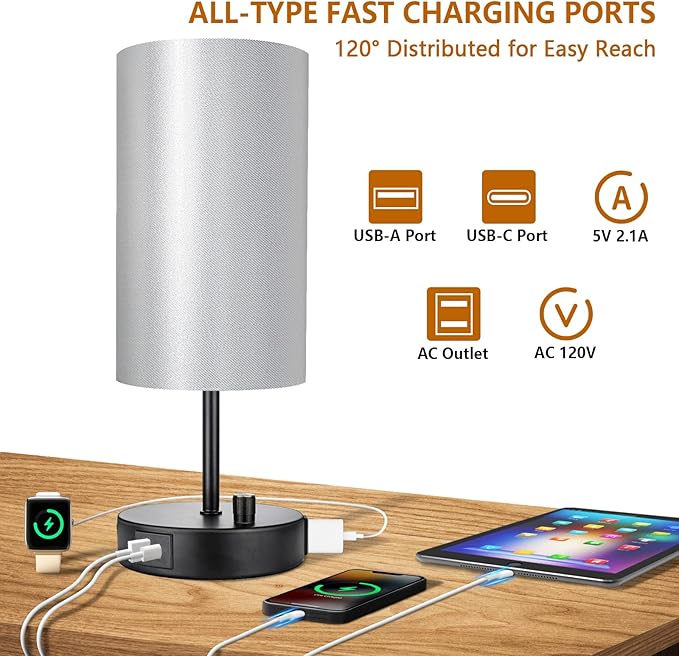 HiBay 17.75" H Dimmable LED Bedside Table Lamp with USB Charging Ports & AC Outlet, Modern Black Nightstand Light for Bedroom, Office, Living Room, Kids Room, Round Fabric Shade, E26 Bulb Included