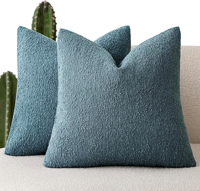 Foindtower Pack of 2 Textured Boucle Throw Pillow Covers Accent Solid Pillow Cases Cozy Soft Decorative Couch Cushion Case for Chair Sofa Bedroom Living Room Home Decor 18x18 Inch Misty Blue