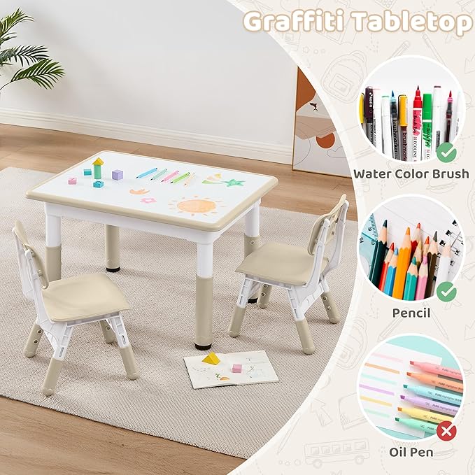 Adjustable Kids Table Chairs Set – Graffiti Desktop, Multi-Activity Height-Adjustable Toddler Study Desk for Ages 3-8 – Ideal for Home, Classroom, Daycare (B-Wood, 2 Chairs-31.5" L x 23.6" W)