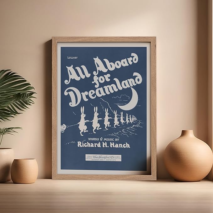 Poster Master All Aboard For Dreamland Poster - Retro Children's Lullaby Print - Story Book Art - Bunny Art - Rabbit Art - Aesthetic Art - Kid's Bedroom or Nursery Wall Decor, 16x20 Beige Framed
