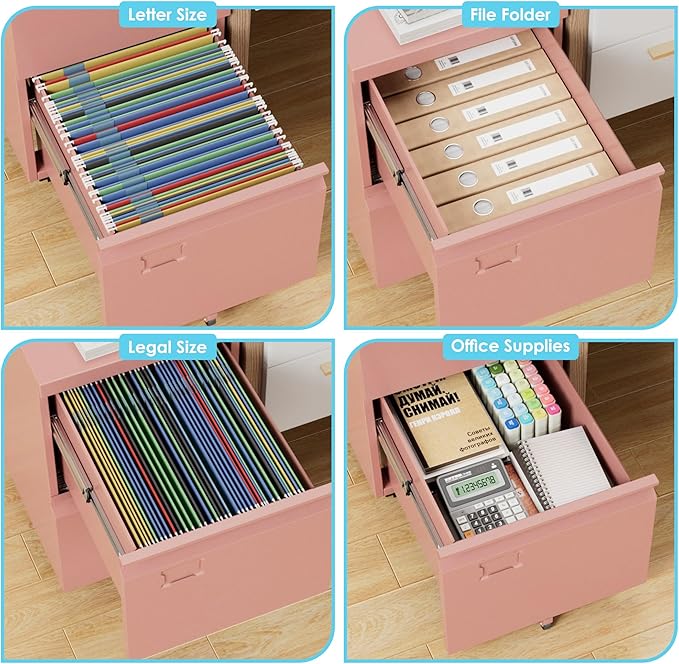 Aobabo 2 Drawer File Cabinet with Wheels, Lockable Metal Filing Cabinet with Business Card Slot for Legal/Letter Size for Home Office, Required Assembled,Pink