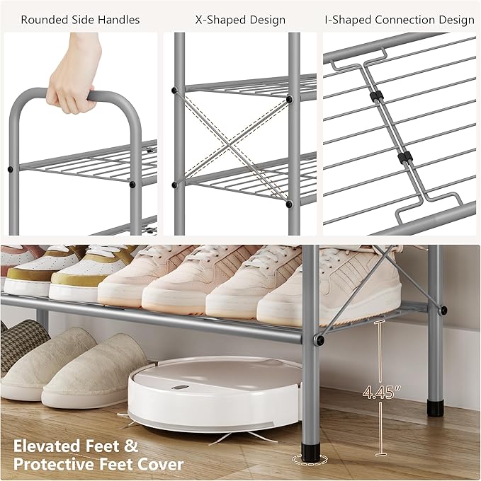 Hoctieon 3 Tier Mesh Style Shoe Rack, Entryway Shoe Shelf, Shoe Storage Organizer, Shoe Rack for Closet, Space Save for Bathroom, Garage, Hallway, Bedroom, Living Room, Grey