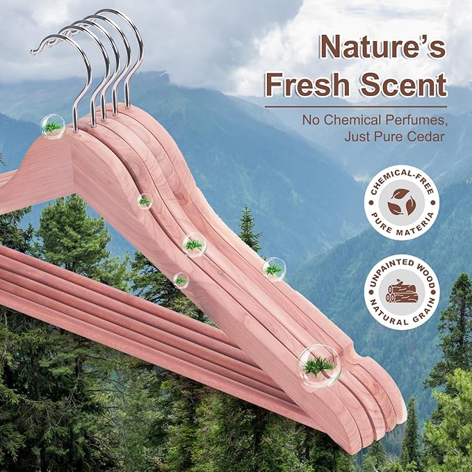 HOUSE DAY Cedar Hangers for Closet, Smooth Cedar Wood Hangers 10 Pack with Rings, 360° Swivel Hook, U-Shape Notched, Non Slip Pant Bar, Sturdy Wooden Clothes Hanger for Coats, Dresses, Suits