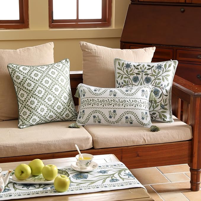 Design Fresh Linen Rectangular Throw Pillow Covers 12"x20" Pack of 2, French White Cottage Cushion Covers with Green Branches Pattern Decoration Pillowcases for Bed,Living Room,Outdoor,Car