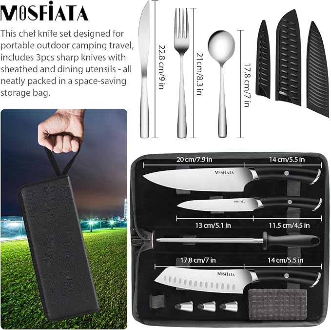 MOSFiATA Kitchen knives set with Carry case Bag,Stainless Steel Chefs Knife Set with Knife Sharpener Rod,Japanese Santoku Knives Set with ABS Handle for Outdoor Travel Camping BBQ
