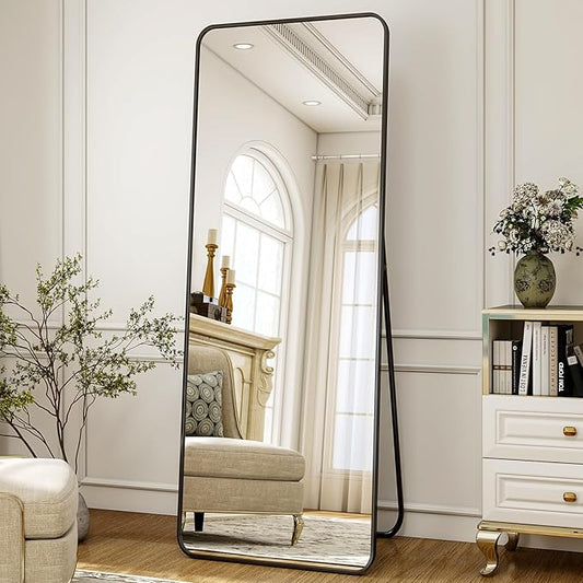 Round Corner Mirror Full Length, 16" x 59" Floor Mirror with Stand, Matte Aluminum Alloy Frame Full Body Mirror, Standing Hanging or Leaning for Bedroom and Living Room, Black