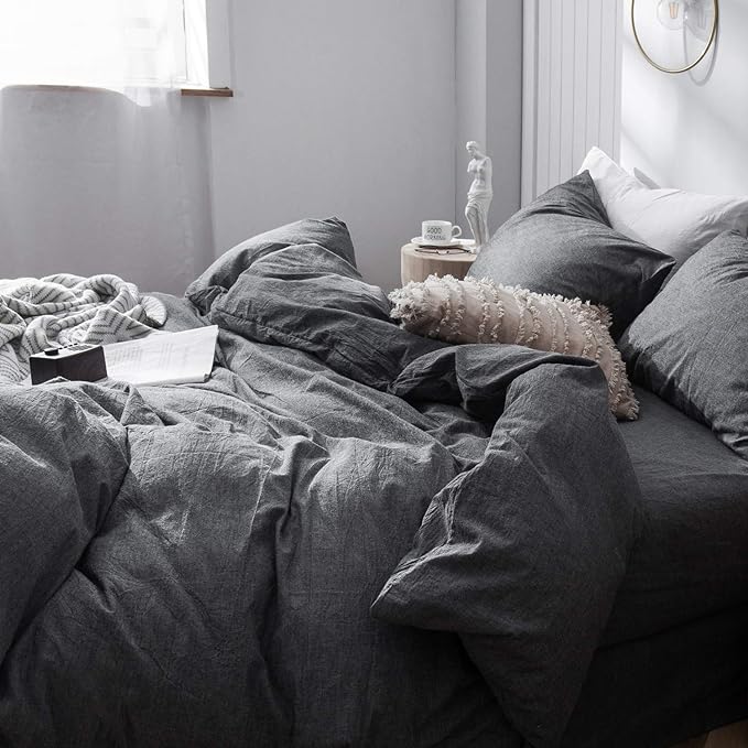 MooMee Bedding Duvet Cover Set 100% Washed Cotton Linen Like Textured Breathable Durable Soft Comfy (Heathered Dark Grey, Palatial King/Oversized King 120"x98")