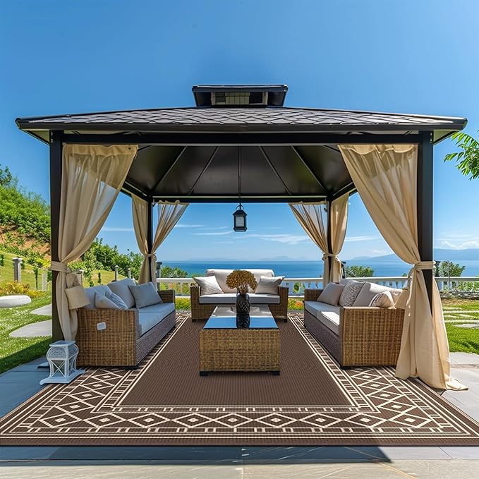 GENIMO Outdoor Rug Waterproof for Patio Decor, 10'x20' Foldable Reversible Plastic Straw Carpet, Outside Area Mat for Rv, Deck, Picnic, Porch, Camper, Balcony, Beach, Coffee & Brown