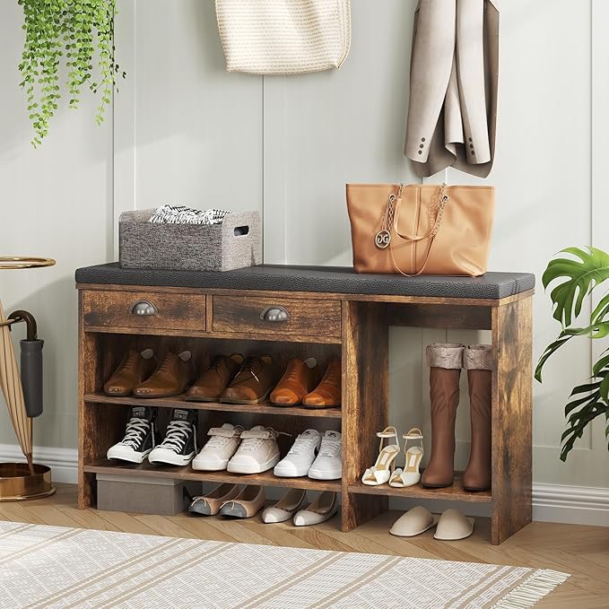 Maupvit Shoe Storage Bench with Cushion, Shoe Bench with Padded Seat, Entryway Storage Bench with Drawer, 2 Compartments, Wood Bench Rack for Bedroom, Closet, Living Room, Hallway (Brown)