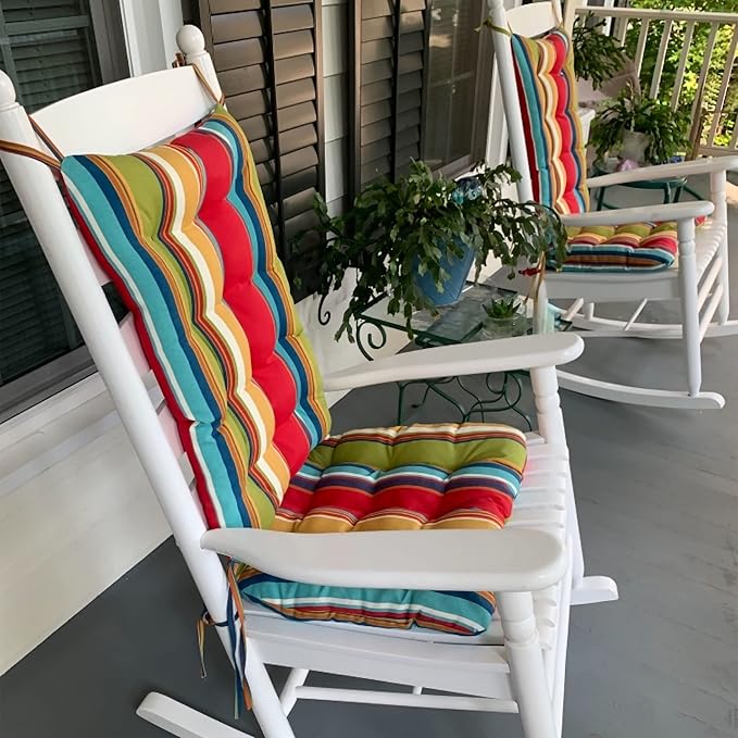 Westport Red Porch Rocker Cushions - Extra-Large - Indoor-Outdoor: Fade & Weatherproof - Latex Foam Filled Rocking Chair Seat Cushion & Backrest Pad Set (Rainbow Cabana Stripe, XL)
