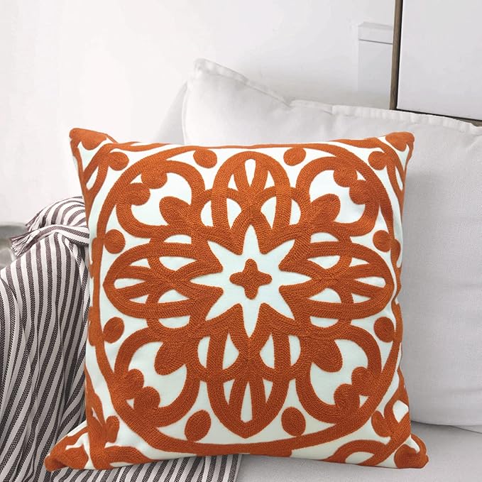 Alysheer Embroidered Decorative Throw Pillow Cover 20"x 20", Boho Mandala Modern Thick Embroidery Pattern, Durable Cotton Canvas Soft Cushion Case for Sofa Couch Bed Living Room (Burnt Orange)