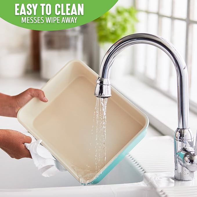 GreenLife Bakeware Healthy Ceramic Nonstick, 4 Piece Toaster Oven Baking Set with Cookie Sheet Muffin and Cake Pan, PFAS-Free, Turquoise