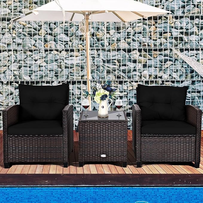 Tangkula 3 Pieces Patio Furniture Set, PE Rattan Wicker 3 Pcs Outdoor Sofa Set w/Washable Cushion and Tempered Glass Tabletop, Conversation Furniture for Garden Poolside Balcony (Black)
