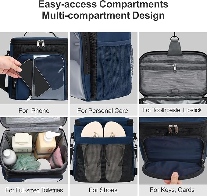 F-color Hanging Shower Caddy Portable - College Dorm Essentials for Girls Guys with Hooks, Soft Crossbody Shoulder Strap, Multiple Pockets, Quick-Dry Shower Bag for Dorm Travel Essentials, Dark Blue