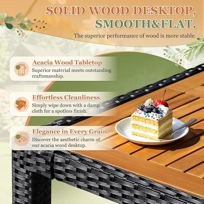 Greesum 5 Pieces Outdoor Patio Dining Set, Conversation Sets with 1 Table and 4 Rattan Chairs with Curved Acacia Wooden Armrests and Cushions, Black