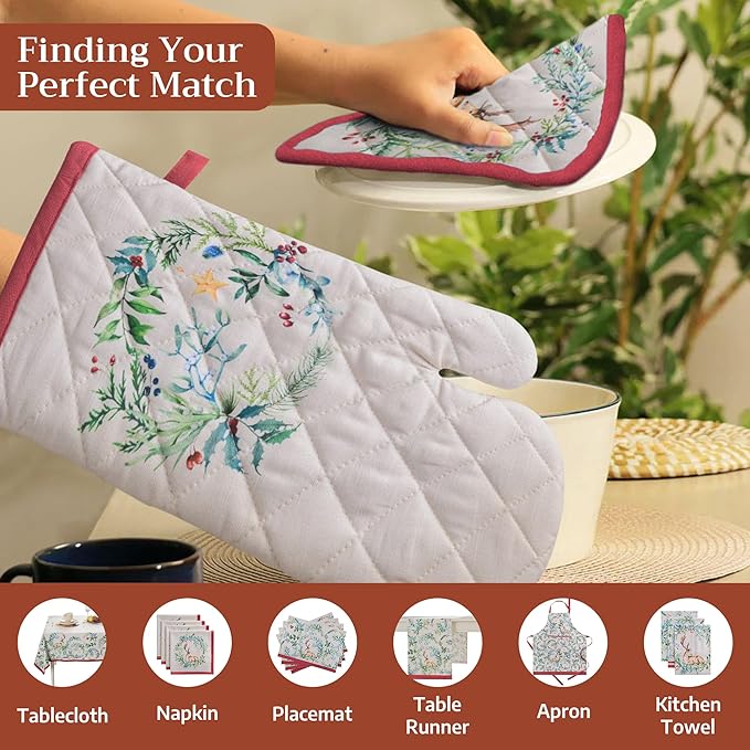 Maison d' Hermine Pot Holders 100% Cotton Heat Resistant Potholders 8" x 8" Hot Pads with Loop for Thanksgiving Christmas Decorations BBQ Cooking Baking Handling Hot Pans (Pack of 1, Holly Time)