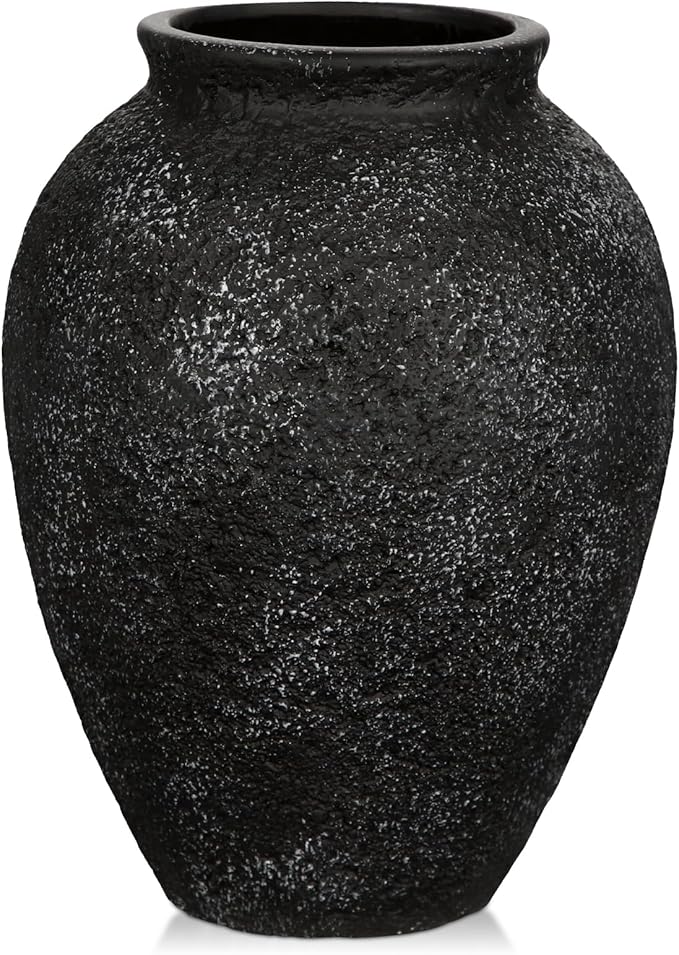 Rustic Ceramic Vase for Home Decor – 6.7" Small Decorative Textured Black Vases for Dried Flowers, Pampas Grass, Faux Plants – Modern Farmhouse Boho Table Centerpiece